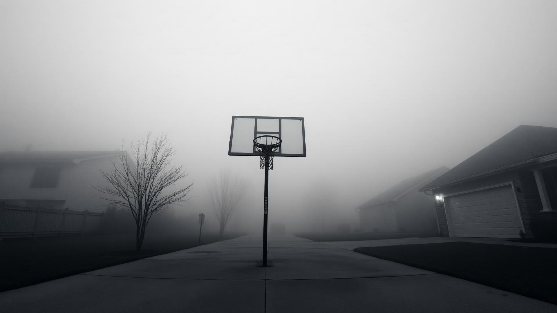 Basketball hoop in foggy morning